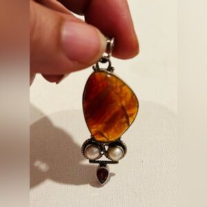 Vintage 925 Silver Carnelian, Pearl  & Garnet Stone Pendant